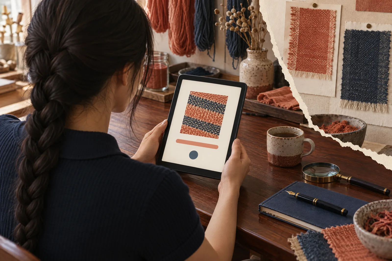 A woman in her twenties with a long dark braid in a navy knit polo at a dye studio looks at a screen showing a payment product for sale, with a magnifying glass beside them.