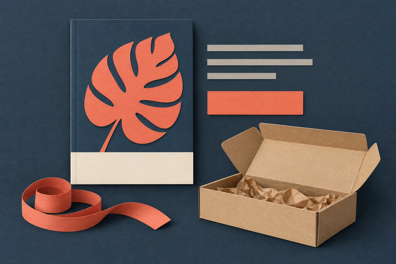 A rehearsal corner still life of a delivery product arranged with a coiled coral ribbon, in coral, sand, slate, and cream.