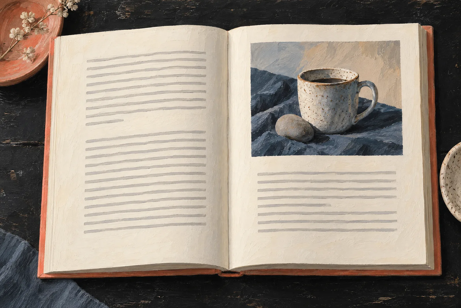 A bookstore office still life of a general product arranged with a smooth river stone, in coral, sand, slate, and cream.