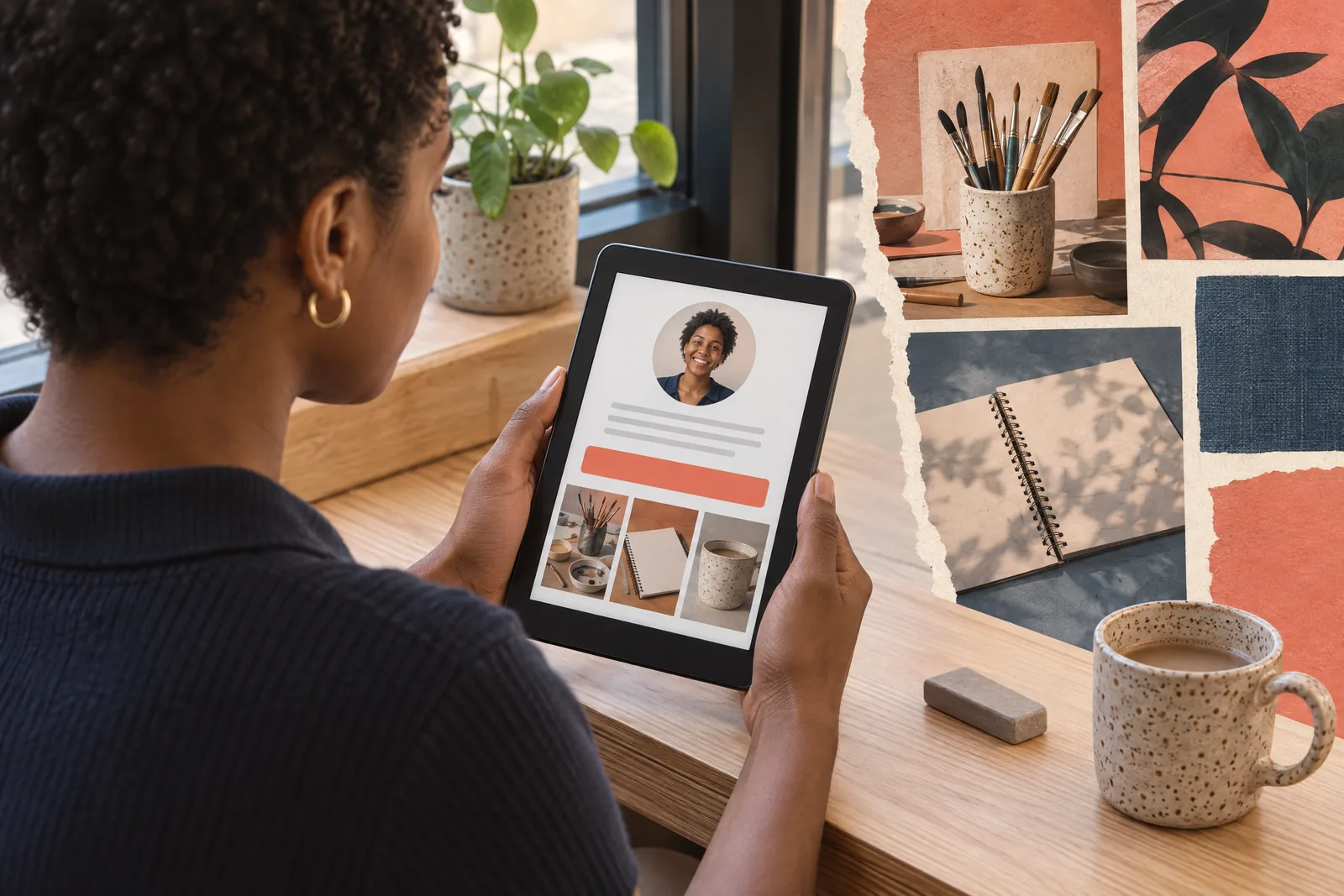 A black woman in her twenties with short natural hair in a navy knit polo at a window seat looks at a screen showing a general product for sale, with a gray eraser beside them.