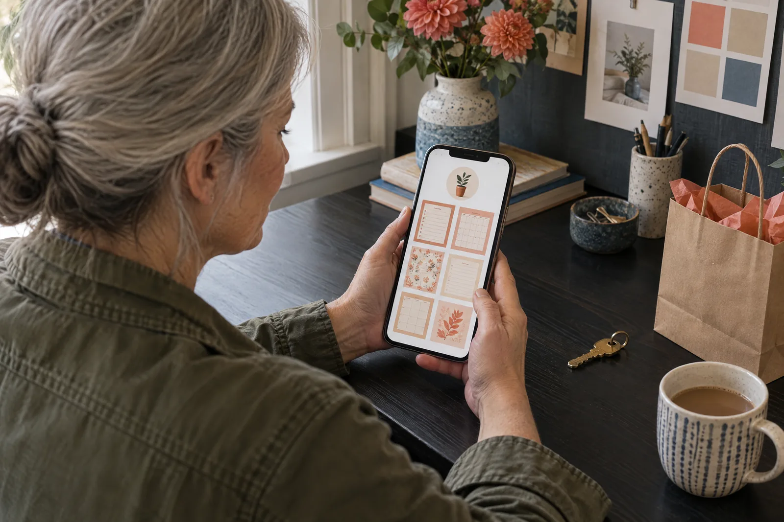 A woman in her fifties with silver hair in a low bun in a olive field jacket at a photo bay looks at a screen showing a shop product for sale, with a house key beside them.