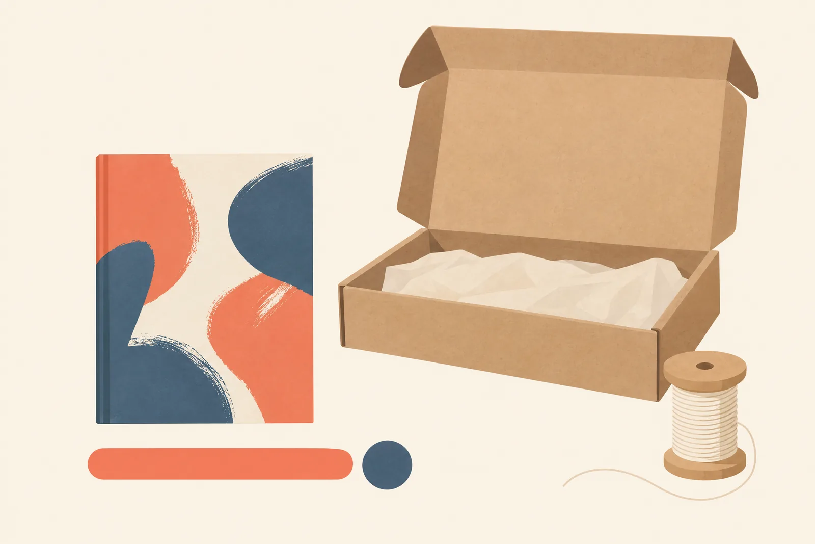 A sewing room still life of a delivery product arranged with a wooden spool of cream thread, in coral, sand, slate, and cream.