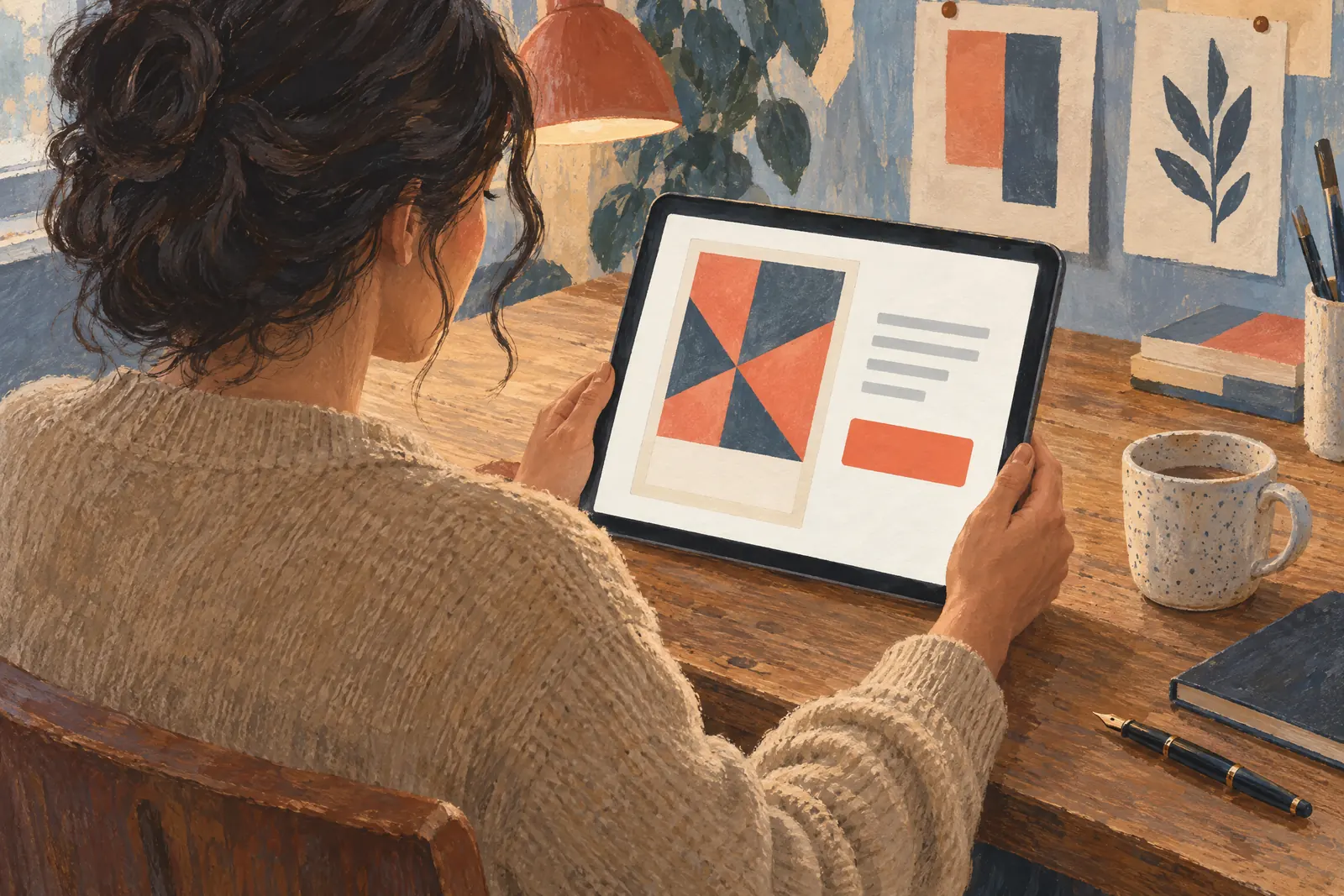 A woman in her thirties with dark wavy hair in a sand cardigan at a editing bay looks at a screen showing a payment product for sale, with a speckled ceramic cup beside them.