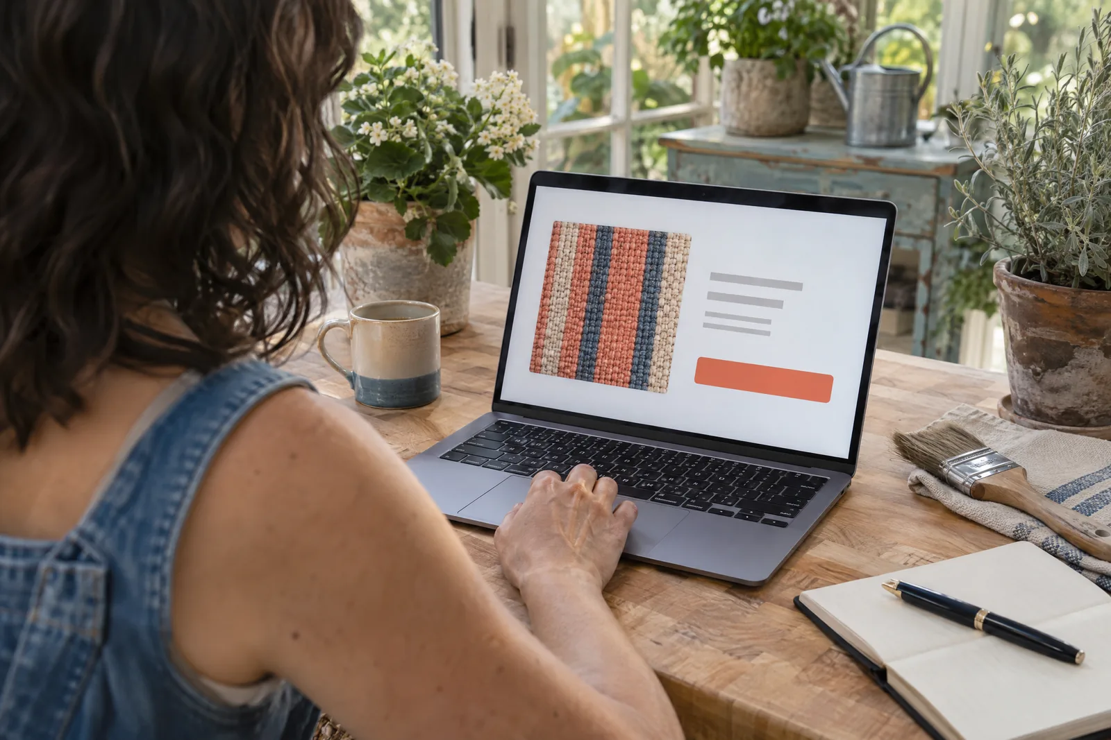 A woman in her thirties with dark wavy hair in a denim overalls at a conservatory looks at a screen showing a payment product for sale, with a wide paintbrush beside them.