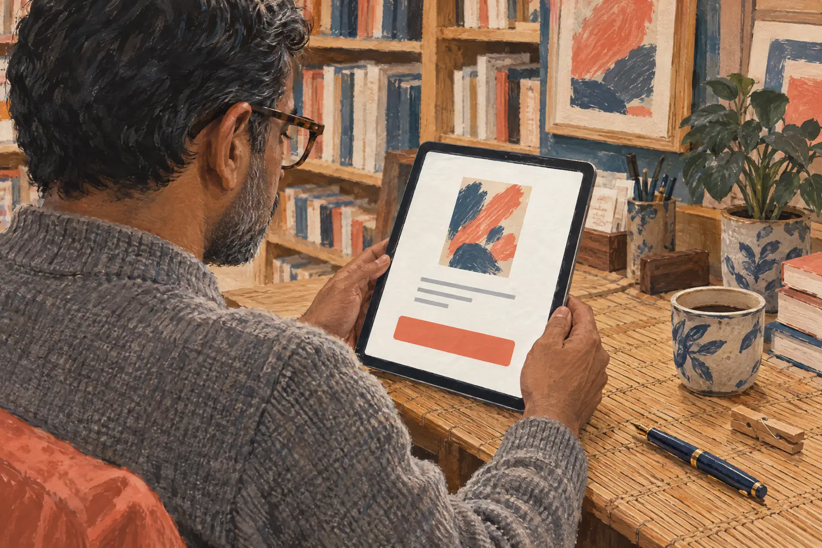 A south asian man in his forties with tortoiseshell glasses in a heather gray wool sweater at a bookstore office looks at a screen showing a payment product for sale, with a wooden clothespin beside them.