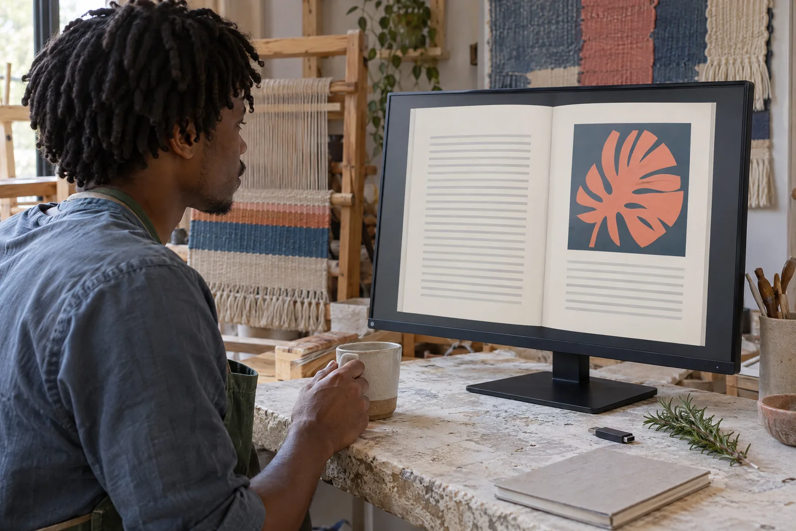 A young man with short locs in a green canvas apron at a weave studio looks at a screen showing a software product for sale, with a sprig of rosemary beside them.