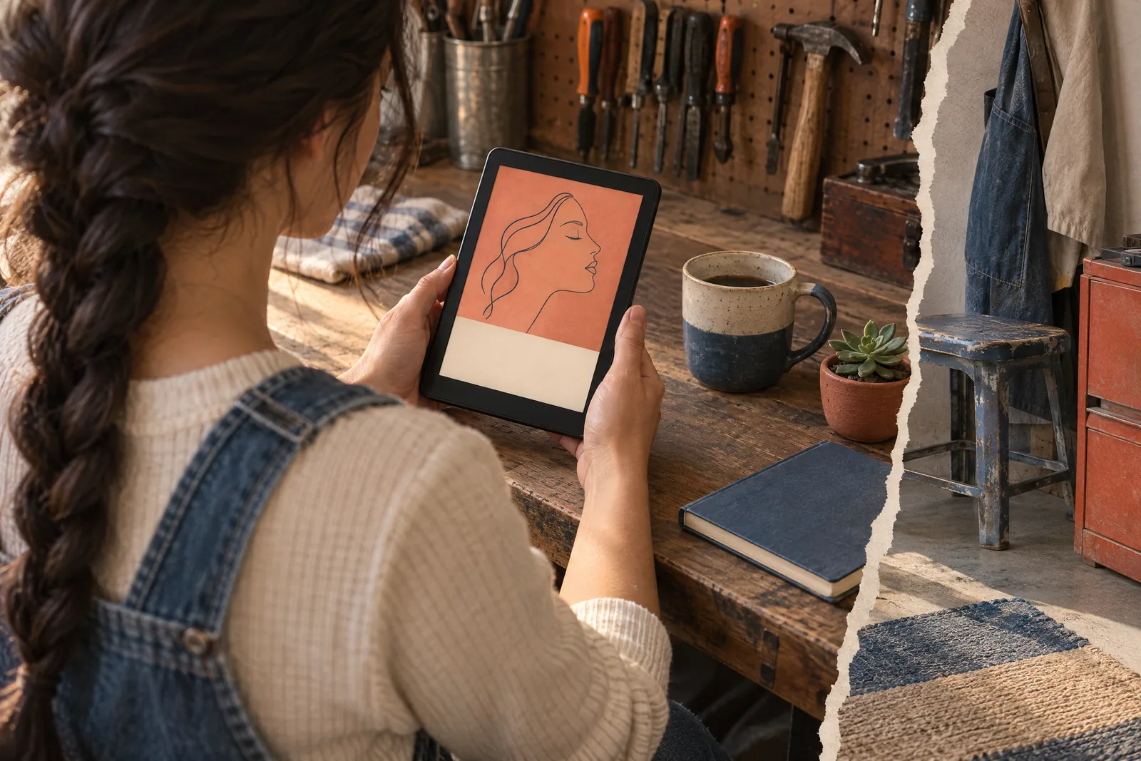 A woman in her twenties with a long dark braid in a denim overalls at a garage workshop looks at a screen showing a ebook product for sale, with a tiny succulent beside them.