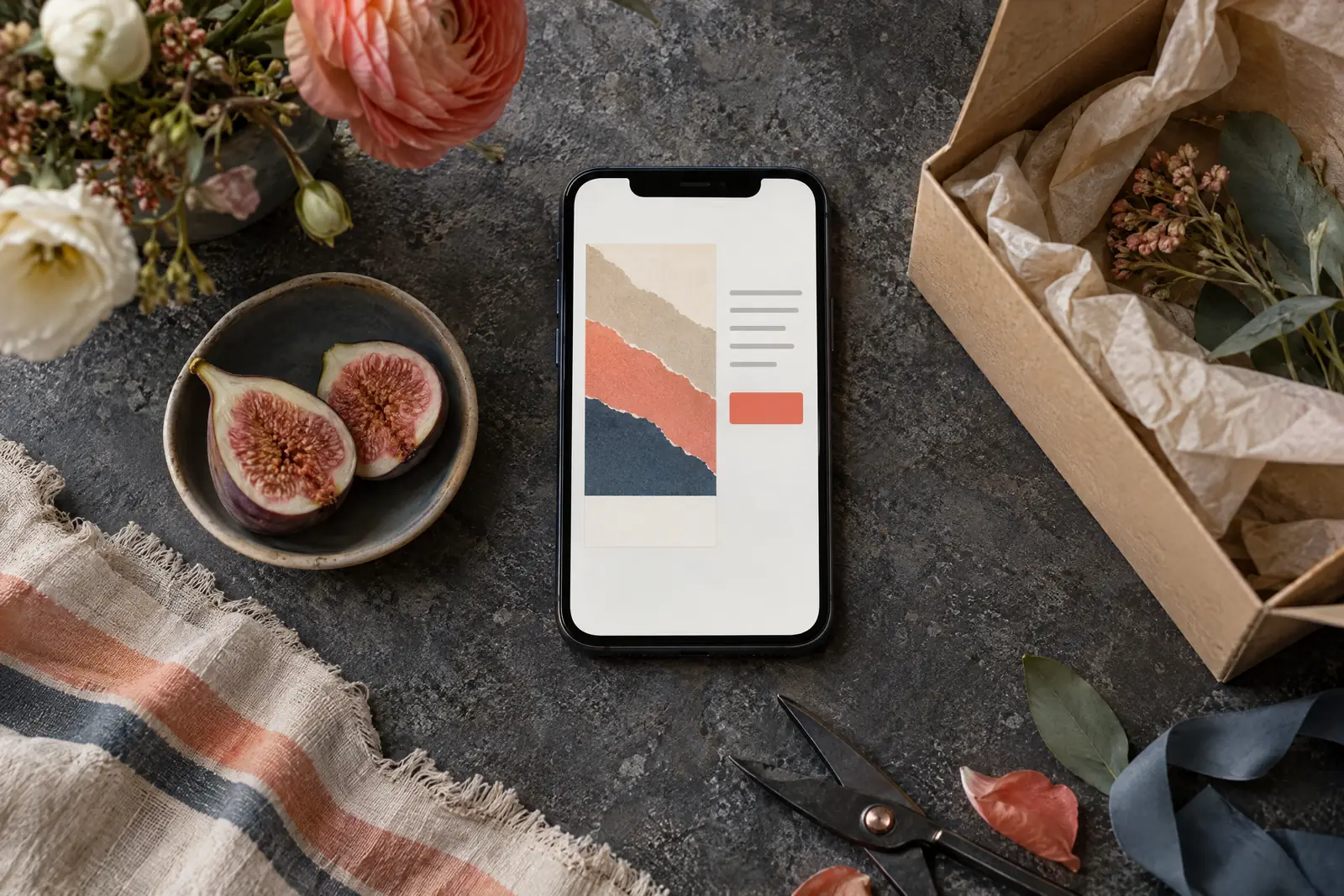 A flower workroom still life of a delivery product arranged with a split fig, in coral, sand, slate, and cream.