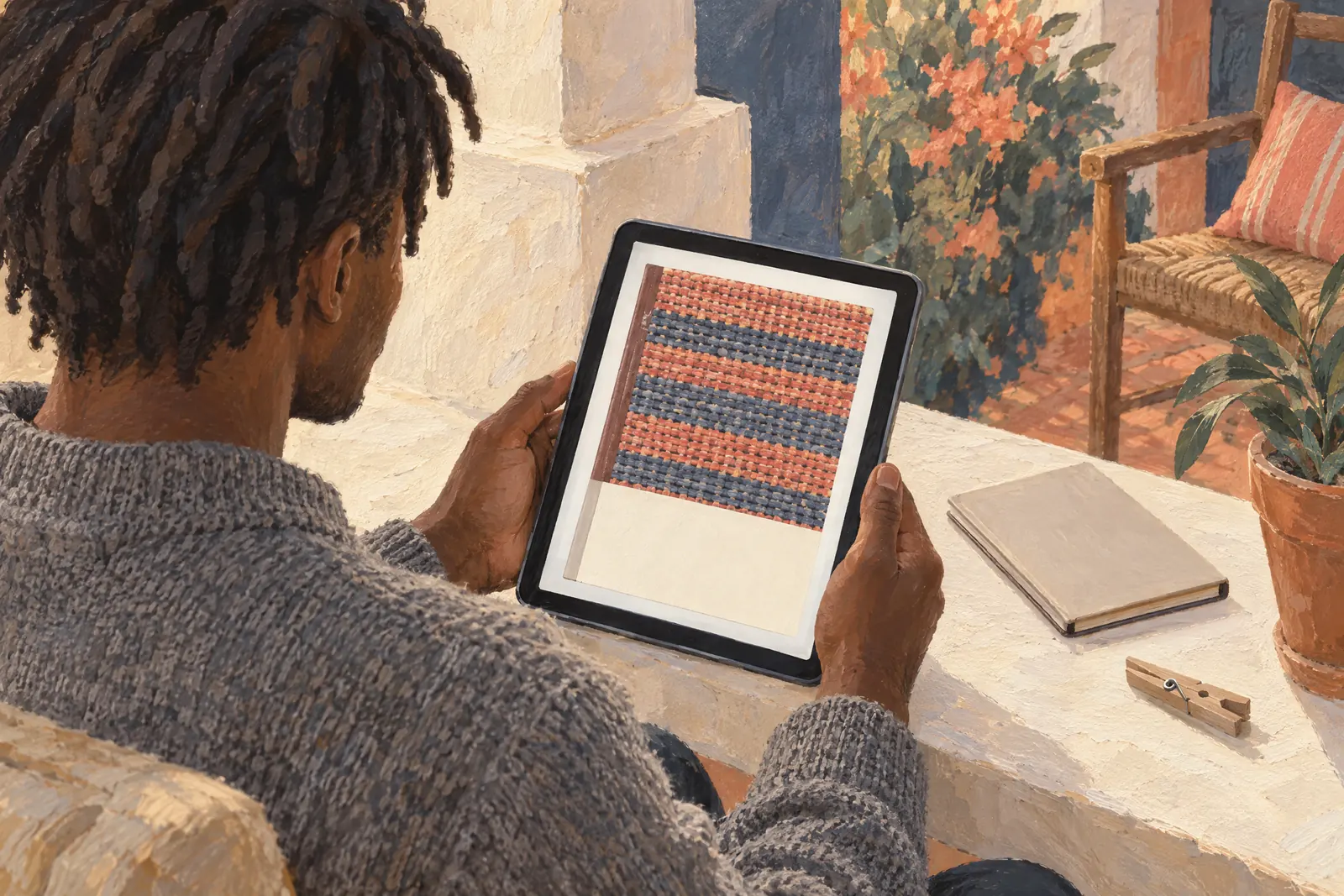 A young man with short locs in a heather gray wool sweater at a covered porch looks at a screen showing a ebook product for sale, with a wooden clothespin beside them.