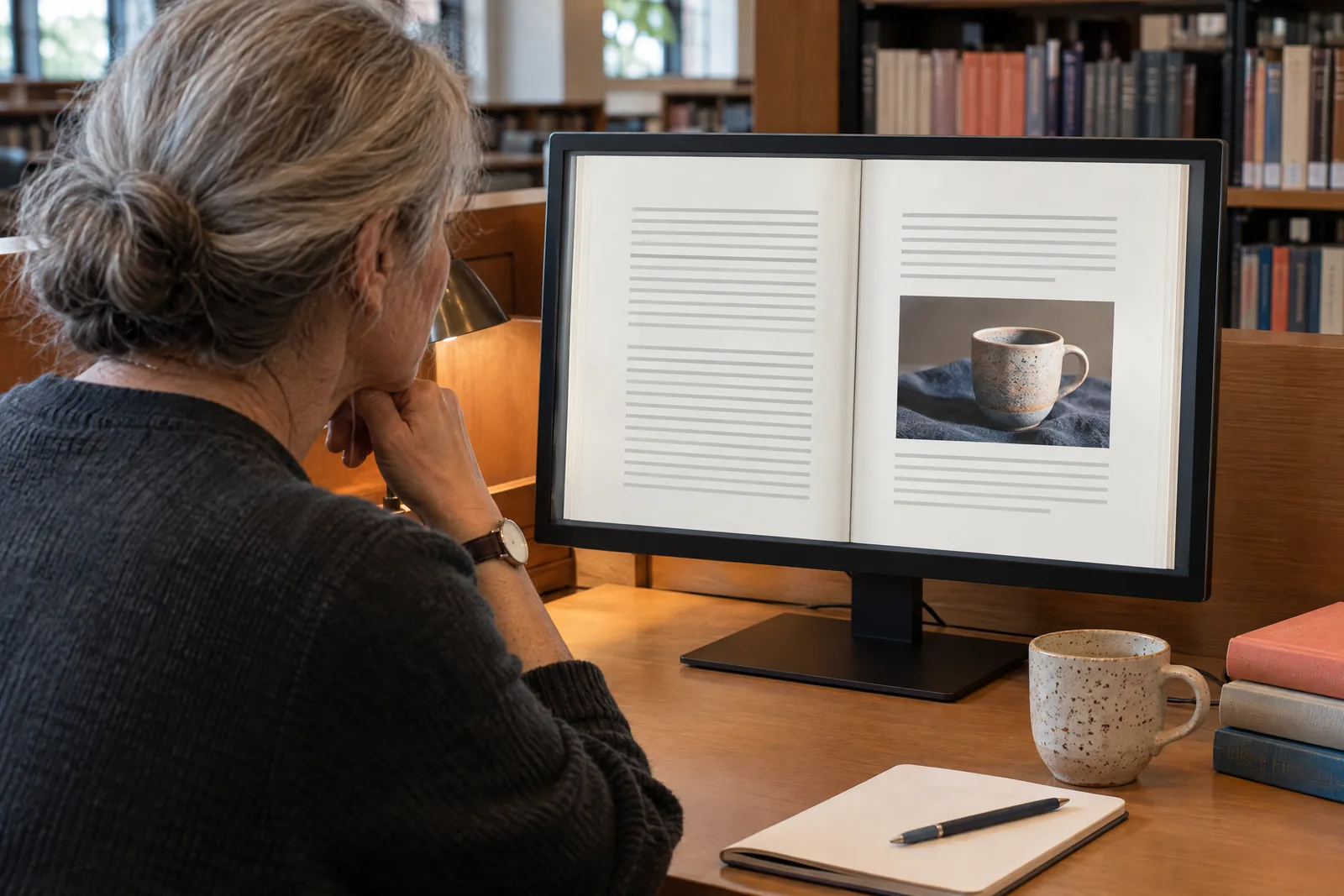 A woman in her fifties with silver hair in a low bun in a charcoal sweater at a library carrel looks at a screen showing a general product for sale, with a wristwatch with a blank face beside them.