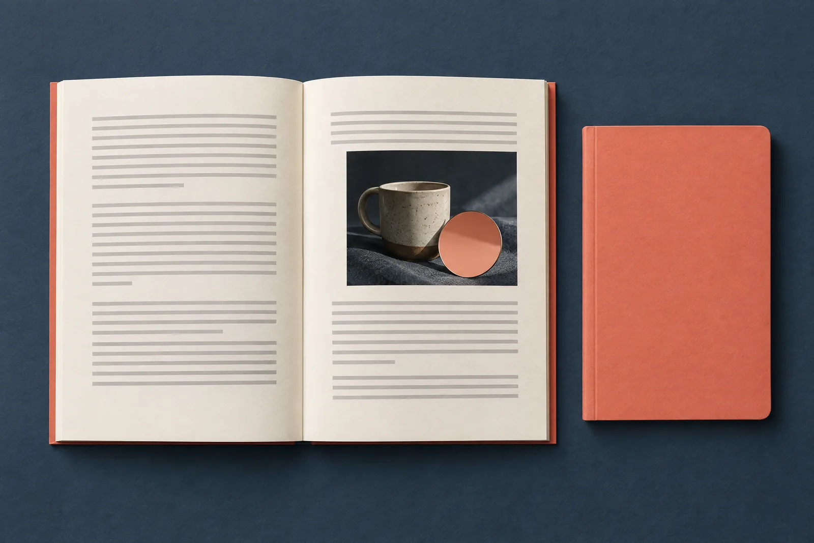 A attic studio still life of a book product arranged with a small round mirror, in coral, sand, slate, and cream.