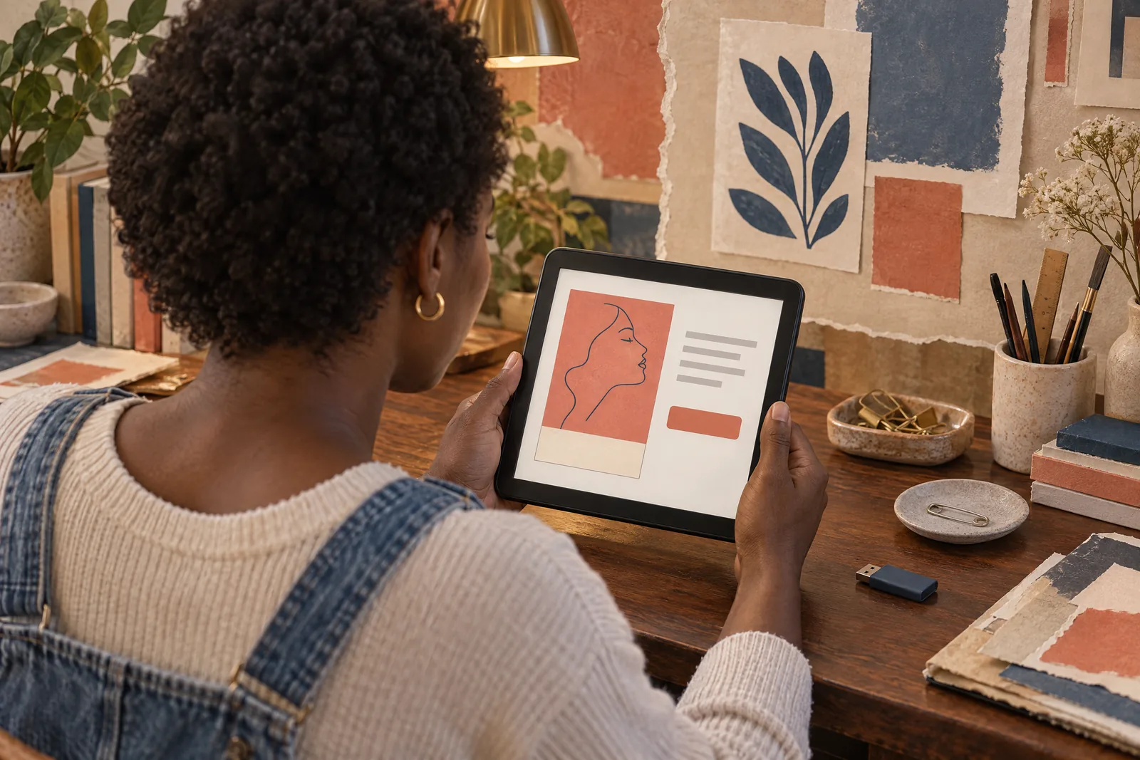 A black woman in her twenties with short natural hair in a denim overalls at a paper studio looks at a screen showing a software product for sale, with a safety pin beside them.