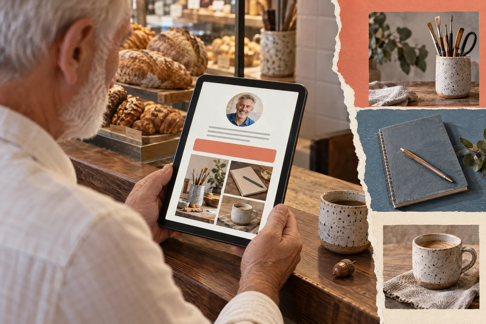 A man in his sixties with a close-cropped white beard in a cream linen shirt at a bakery side counter looks at a screen showing a general product for sale, with an acorn beside them.