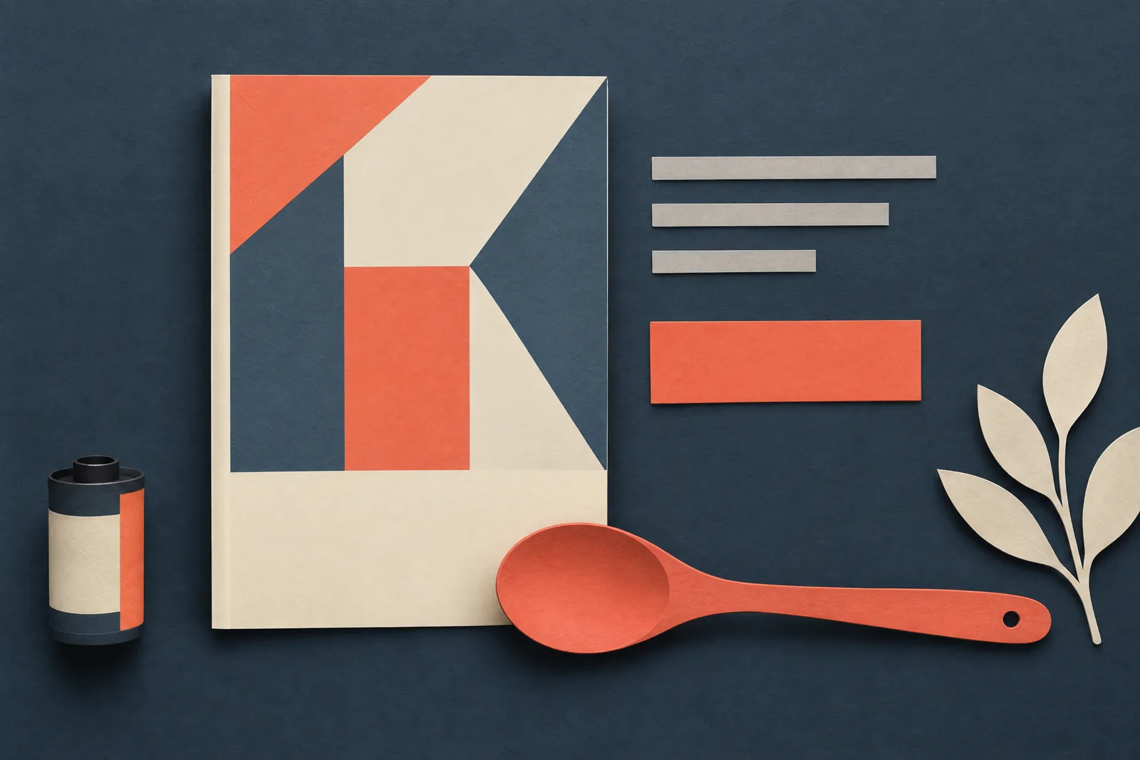 A bedroom alcove still life of a video product arranged with a wooden spoon, in coral, sand, slate, and cream.