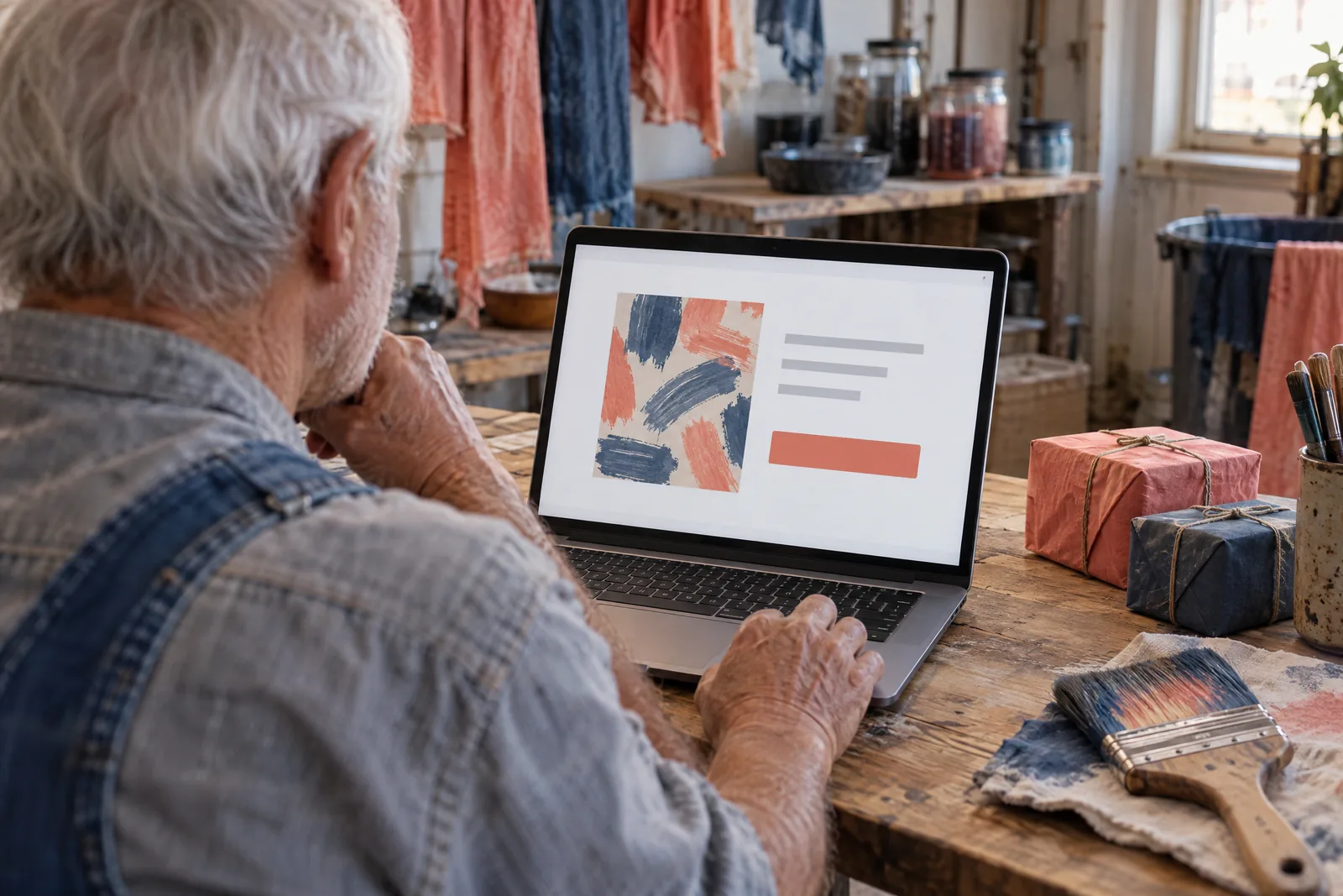 A man in his seventies with white hair in a denim overalls at a dye studio looks at a screen showing a compare product for sale, with a wide paintbrush beside them.