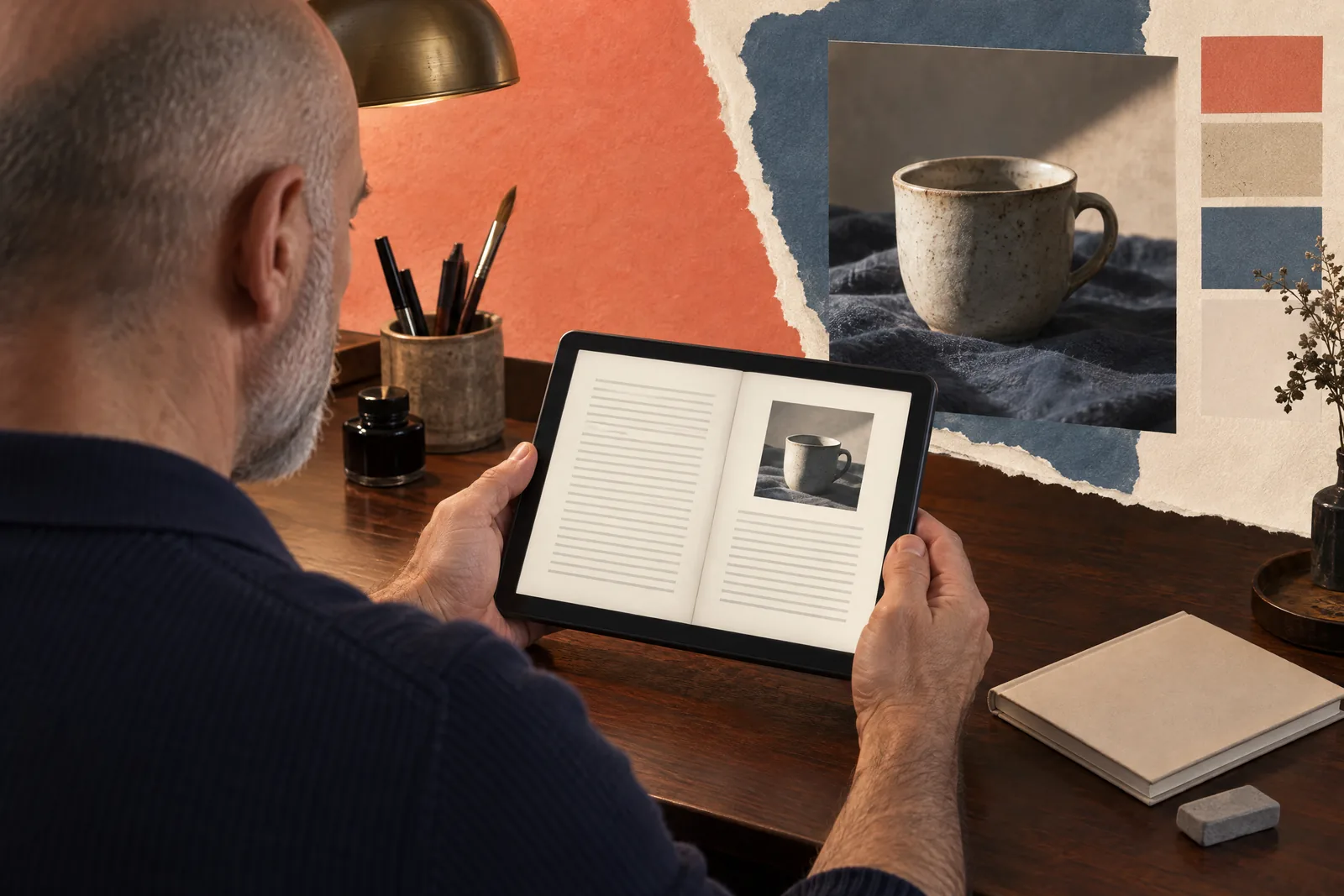 A bald man in his fifties with gray stubble in a navy knit polo at a ink studio looks at a screen showing a ebook product for sale, with a gray eraser beside them.