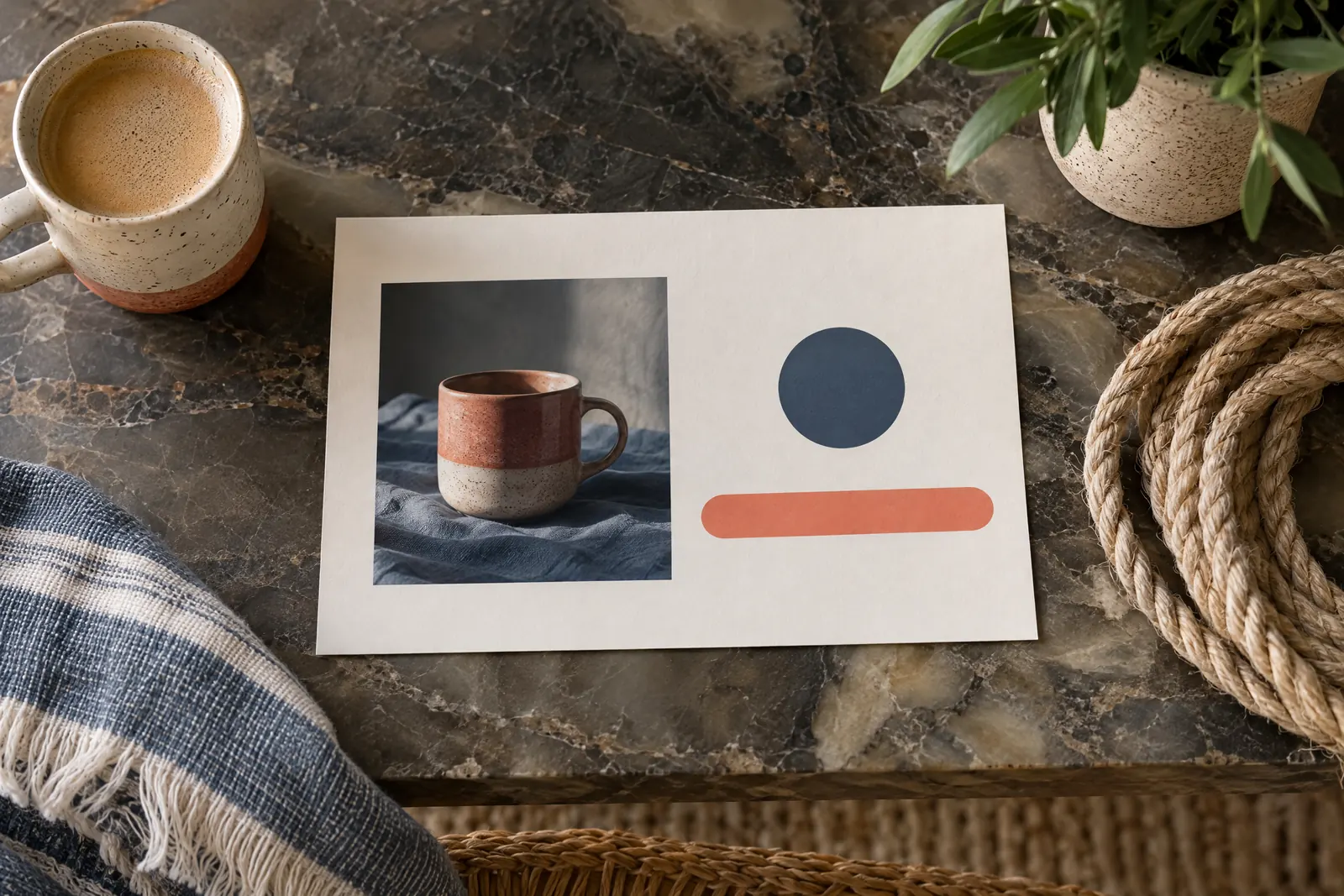 A covered porch still life of a general product arranged with a coil of natural rope, in coral, sand, slate, and cream.