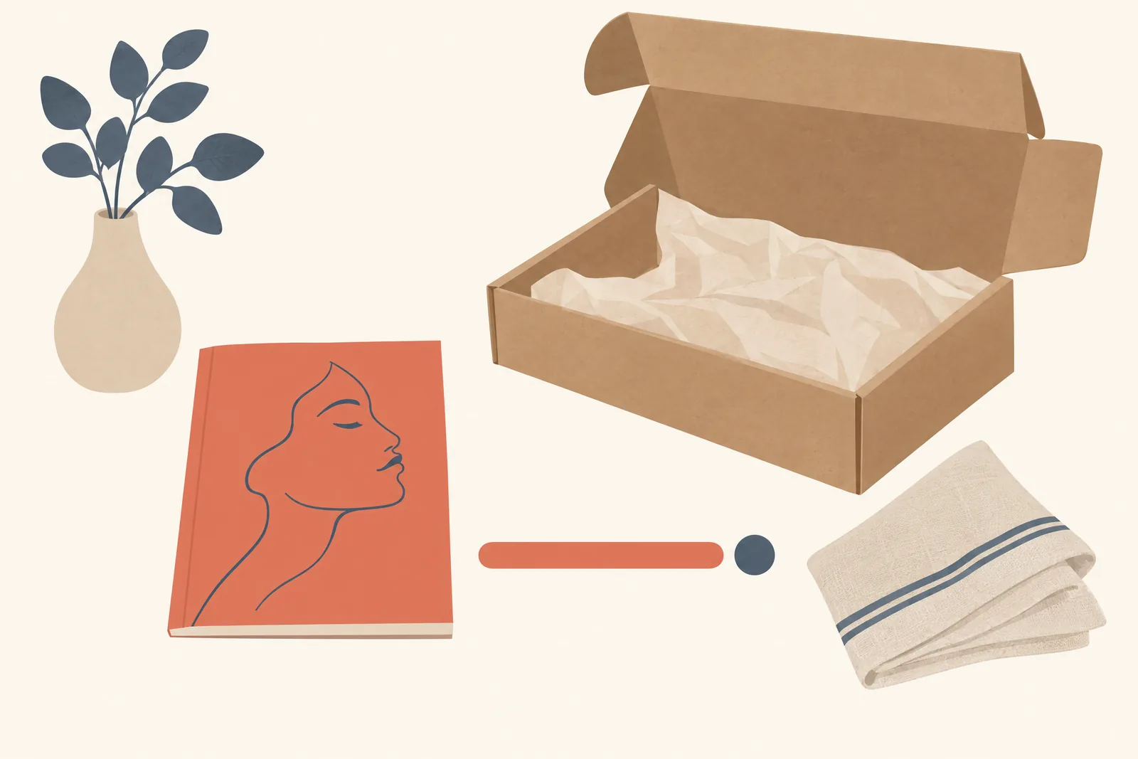 A attic studio still life of a delivery product arranged with a folded linen napkin, in coral, sand, slate, and cream.