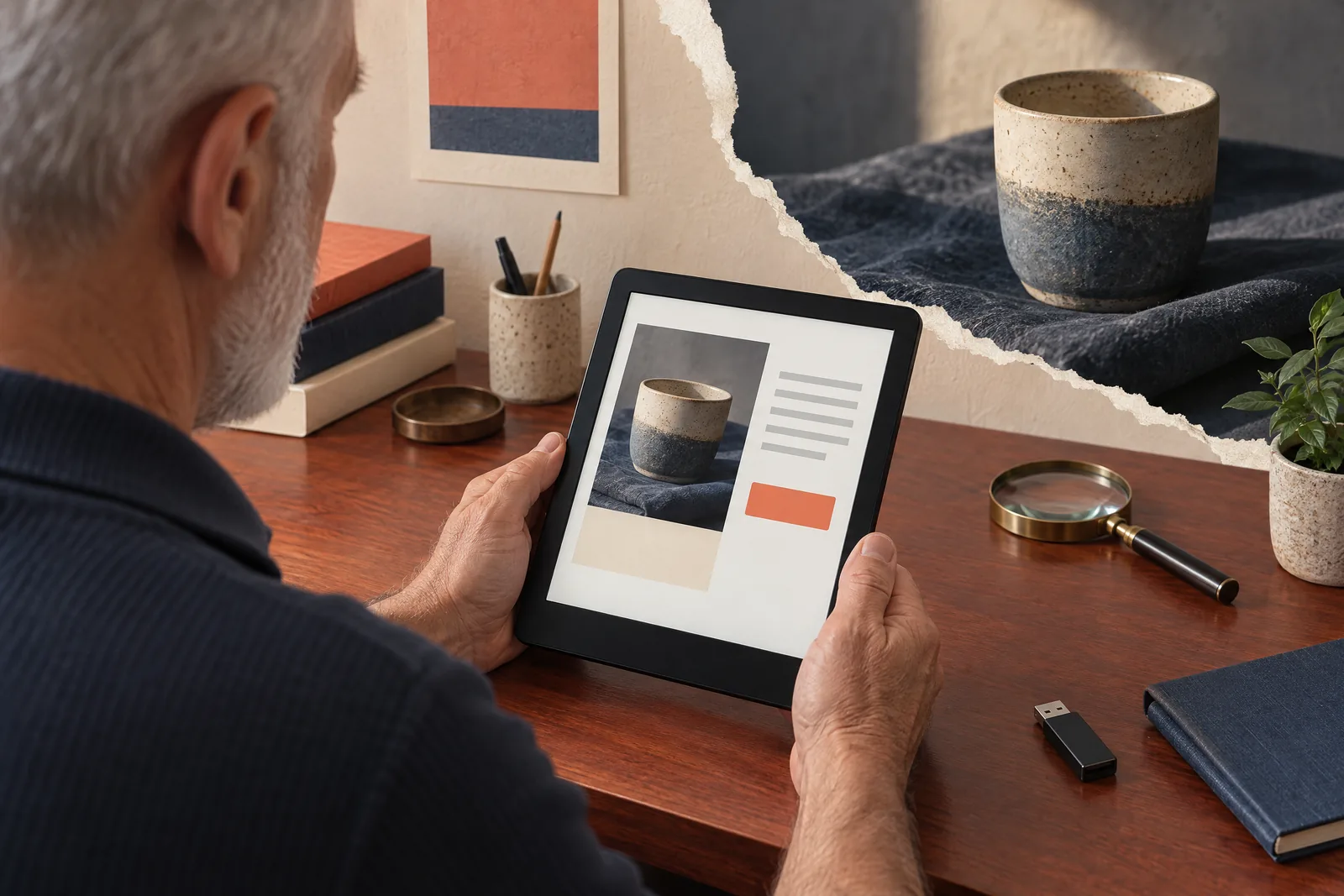 A man in his sixties with a close-cropped white beard in a navy knit polo at a photo bay looks at a screen showing a software product for sale, with a magnifying glass beside them.