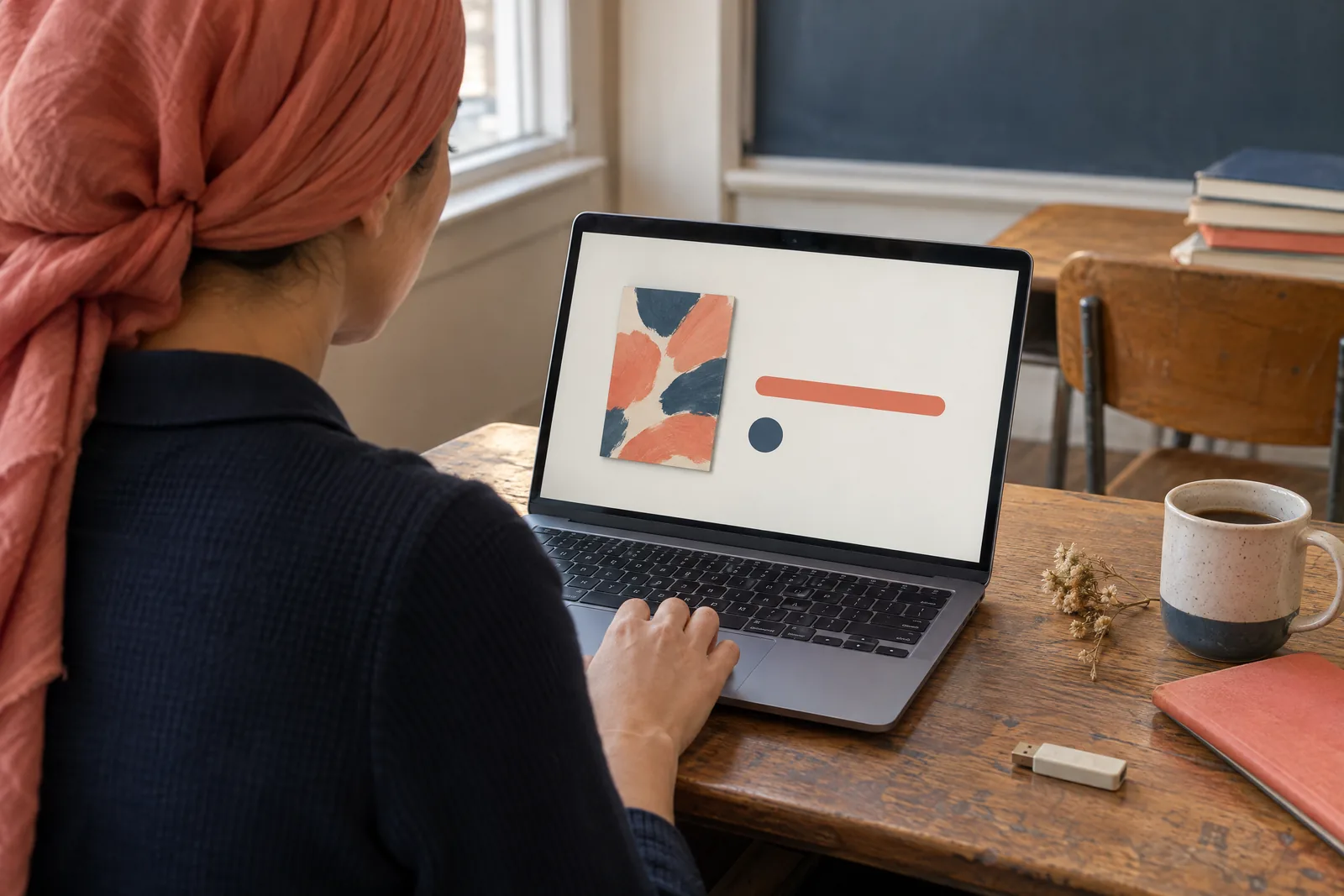A woman in her thirties wearing a headscarf in a navy knit polo at a schoolroom desk looks at a screen showing a software product for sale, with a dried flower beside them.