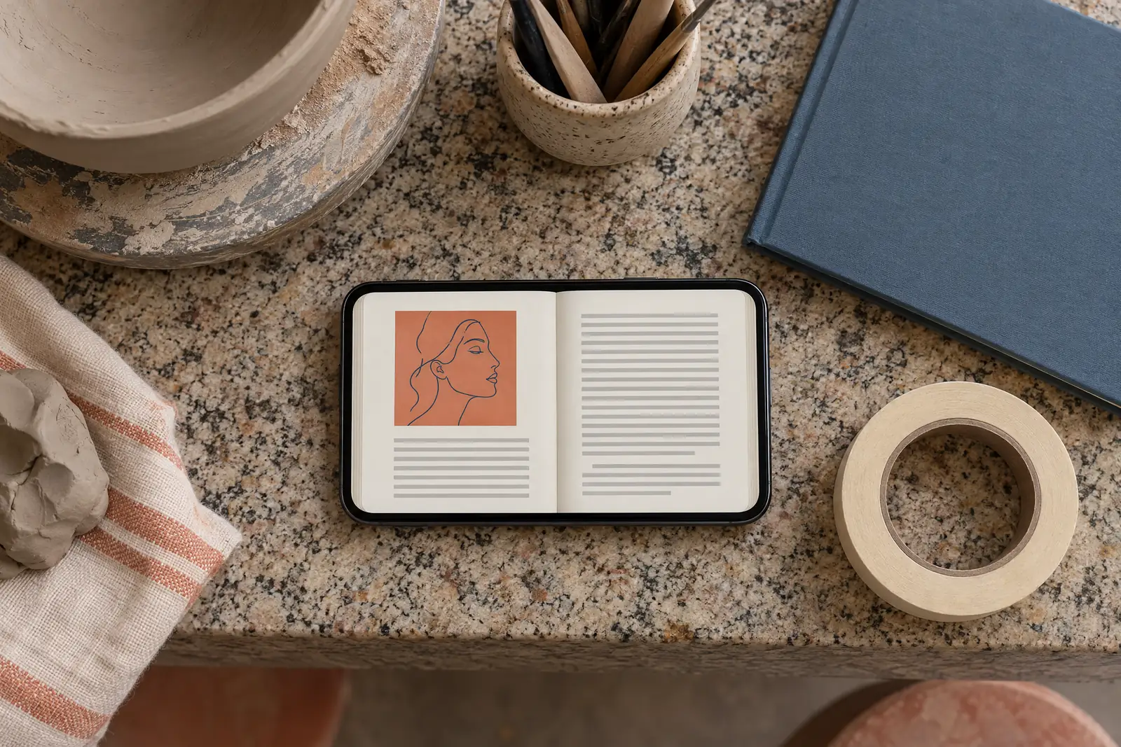 A clay studio still life of a ebook product arranged with a roll of masking tape, in coral, sand, slate, and cream.