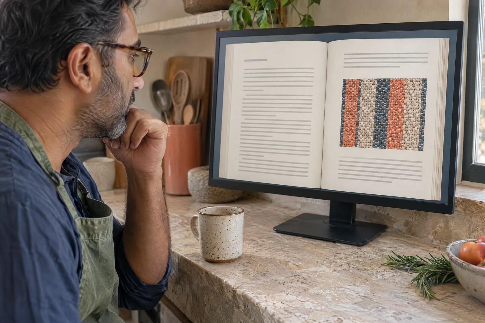 A south asian man in his forties with tortoiseshell glasses in a green canvas apron at a kitchen nook looks at a screen showing a general product for sale, with a sprig of rosemary beside them.