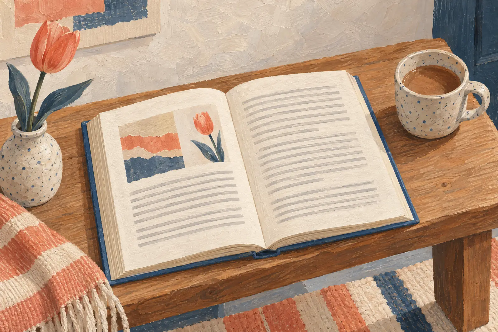 A sunroom still life of a general product arranged with a single tulip, in coral, sand, slate, and cream.