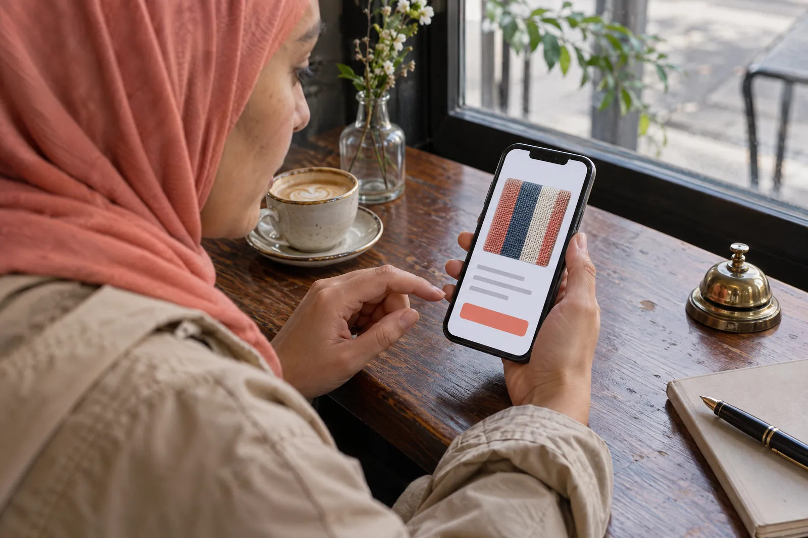 A woman in her thirties wearing a headscarf in a sand rain jacket at a cafe window looks at a screen showing a payment product for sale, with a small brass bell beside them.