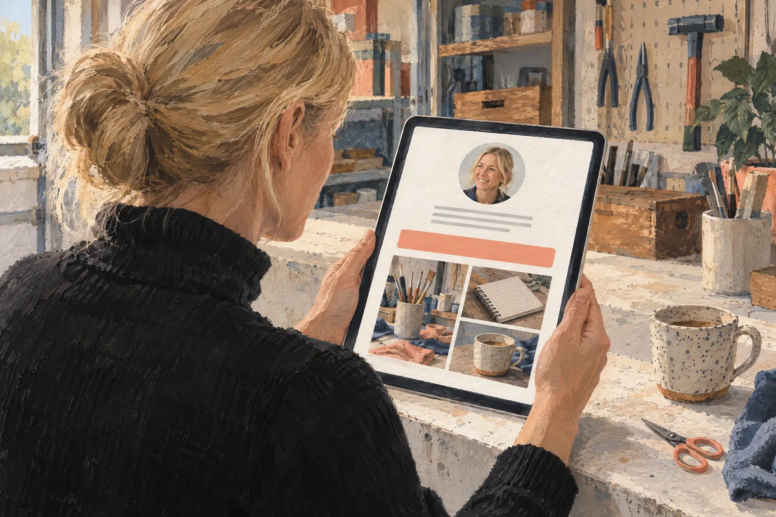 A woman in her forties with blonde hair tied back in a black turtleneck at a garage workshop looks at a screen showing a general product for sale, with a pair of small scissors beside them.