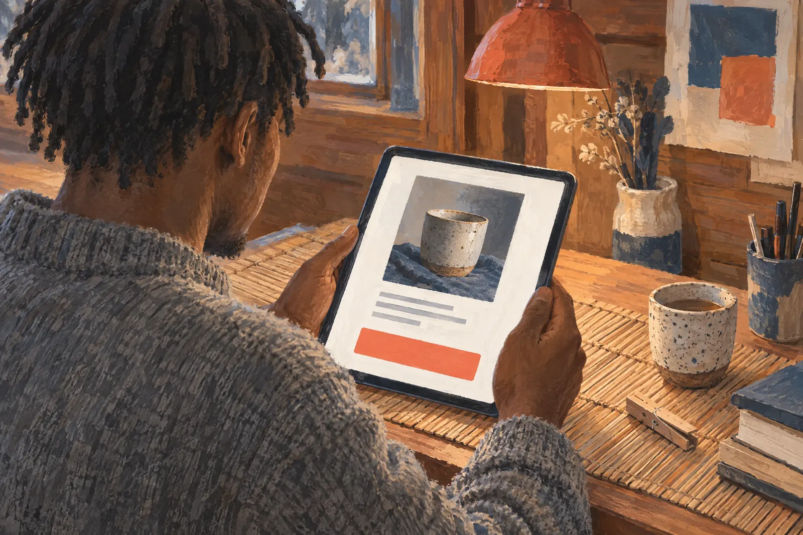 A young man with short locs in a heather gray wool sweater at a cabin desk looks at a screen showing a general product for sale, with a wooden clothespin beside them.