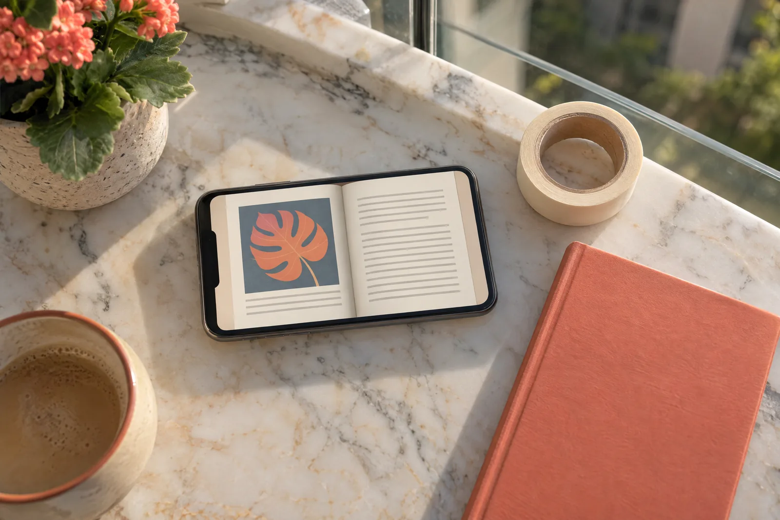 A glass balcony still life of a book product arranged with a roll of masking tape, in coral, sand, slate, and cream.