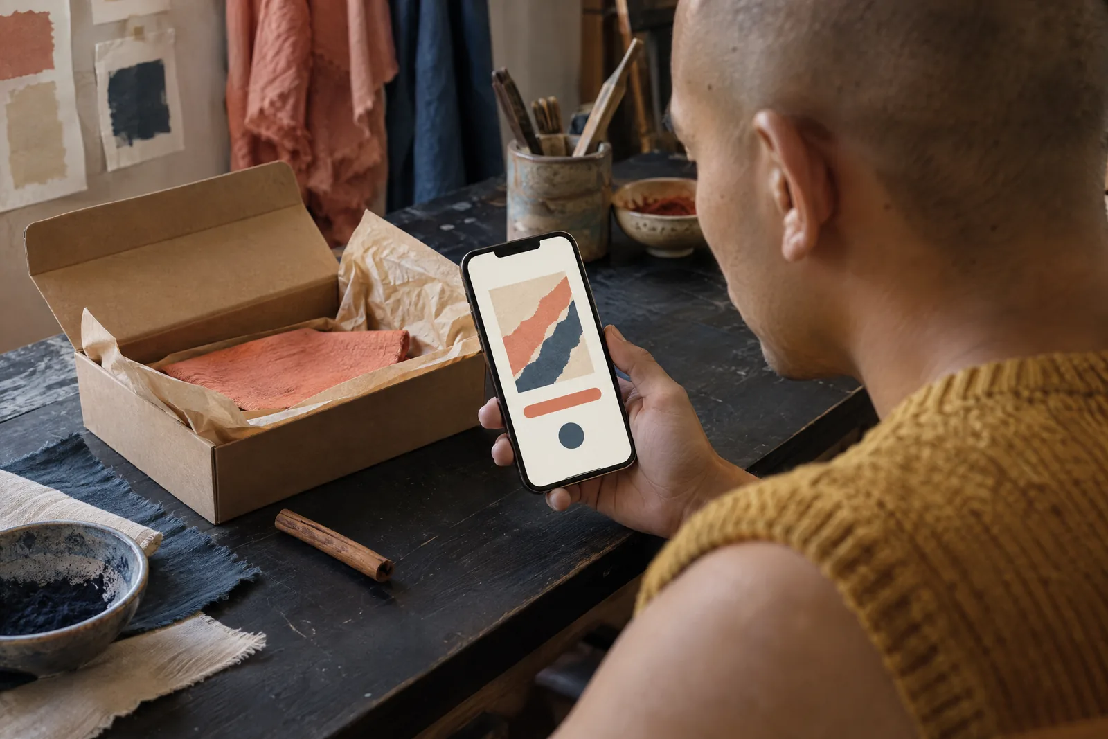 A man in his twenties with a shaved head in a mustard knit vest at a dye studio looks at a screen showing a delivery product for sale, with a cinnamon stick beside them.