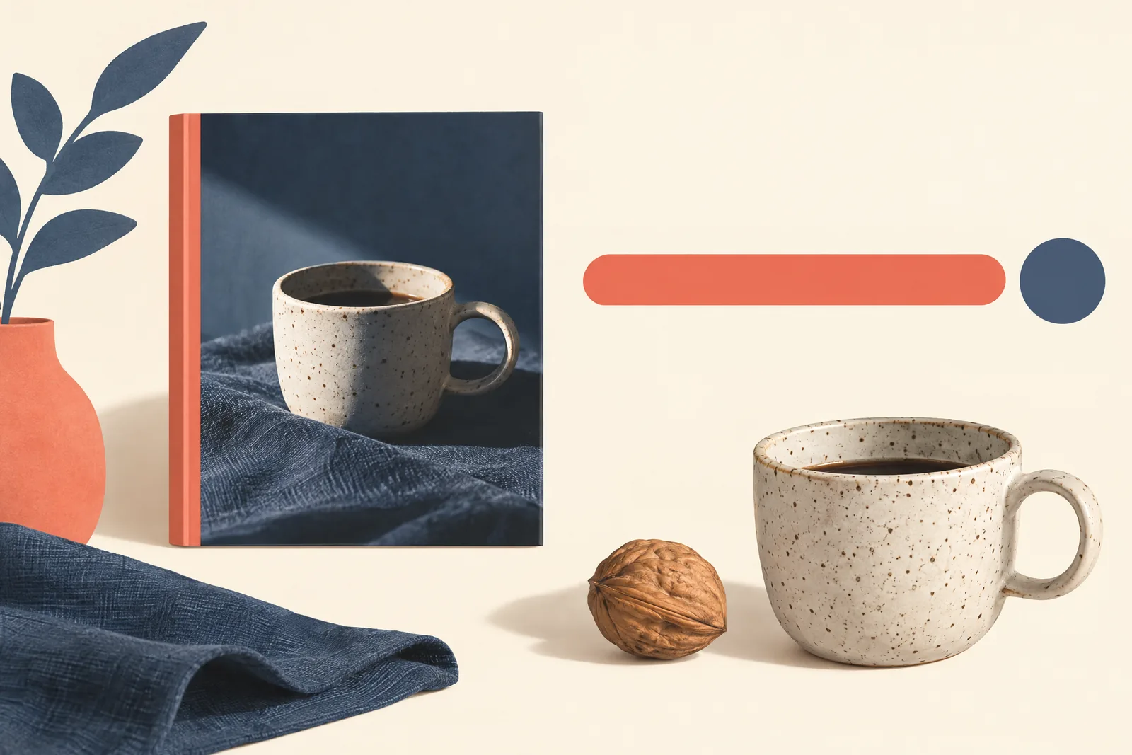 A weave studio still life of a general product arranged with a walnut, in coral, sand, slate, and cream.