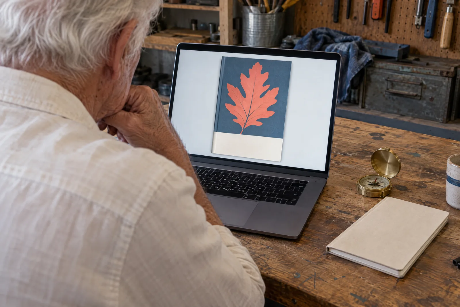 A man in his seventies with white hair in a cream linen shirt at a garage workshop looks at a screen showing a ebook product for sale, with a brass compass beside them.