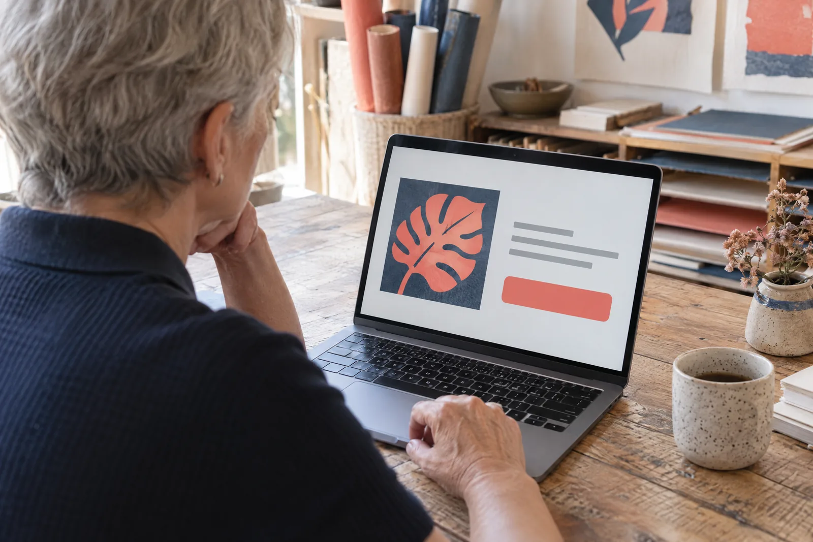 An older woman with cropped gray hair in a navy knit polo at a paper studio looks at a screen showing a general product for sale, with a dried flower beside them.
