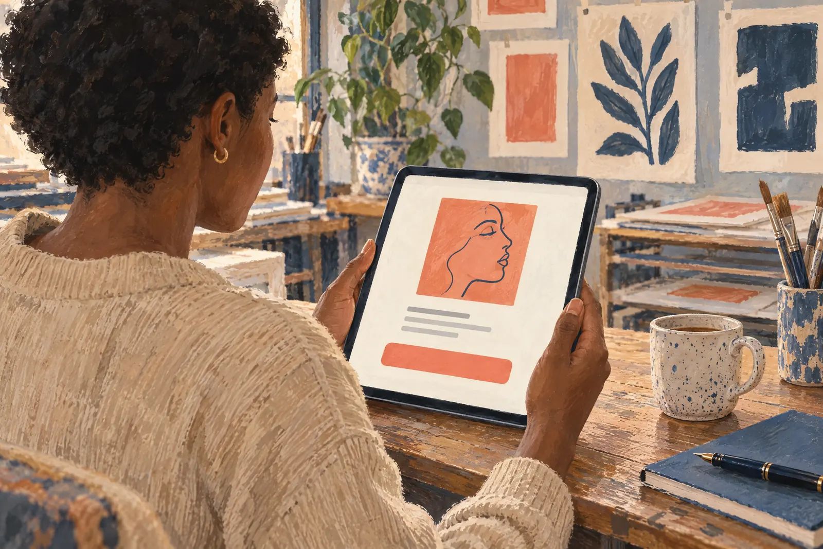 A black woman in her twenties with short natural hair in a sand cardigan at a print studio looks at a screen showing a payment product for sale, with a speckled ceramic cup beside them.