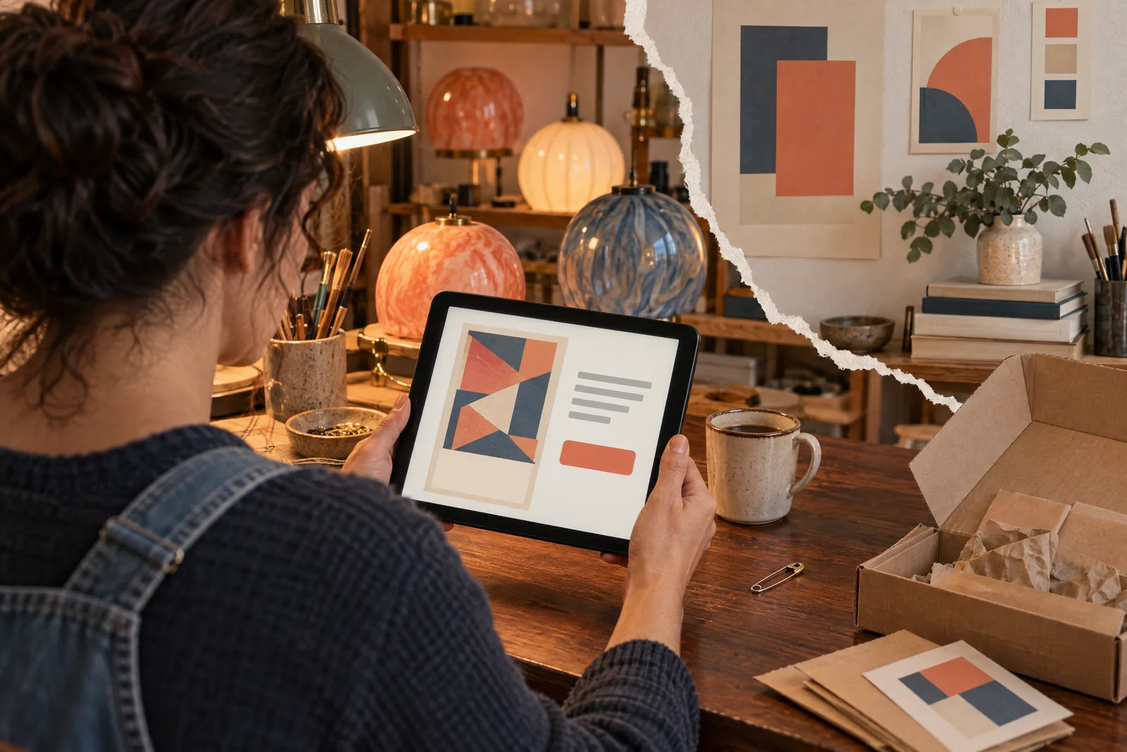 A woman in her thirties with dark wavy hair in a denim overalls at a lamp workshop looks at a screen showing a delivery product for sale, with a safety pin beside them.