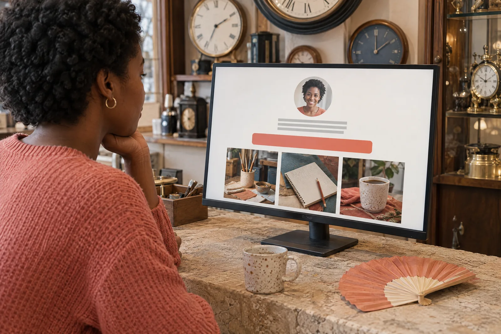 A black woman in her twenties with short natural hair in a coral knit sweater at a clock shop looks at a screen showing a general product for sale, with a paper fan beside them.
