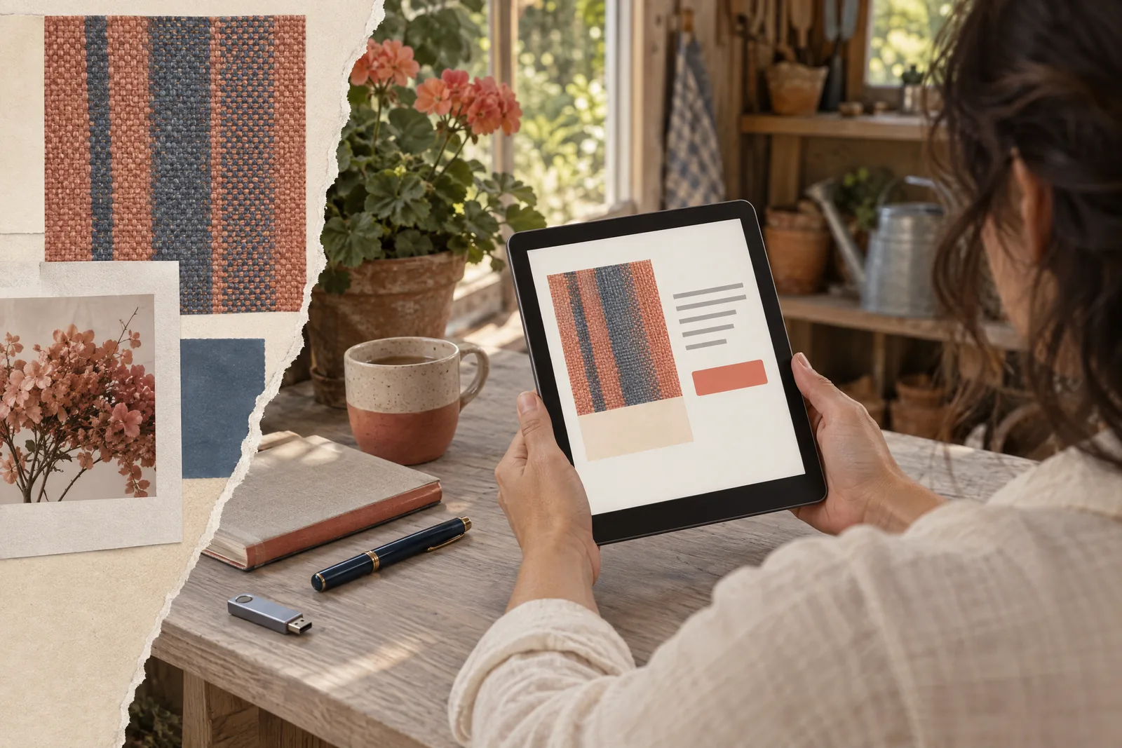 A woman in her thirties with dark wavy hair in a cream linen shirt at a garden shed looks at a screen showing a software product for sale, with a fountain pen beside them.