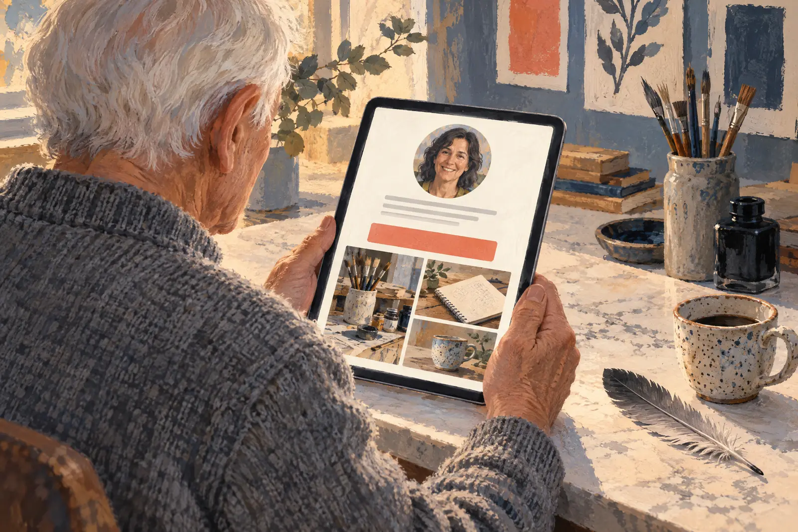 A man in his seventies with white hair in a heather gray wool sweater at a ink studio looks at a screen showing a general product for sale, with a gray feather beside them.