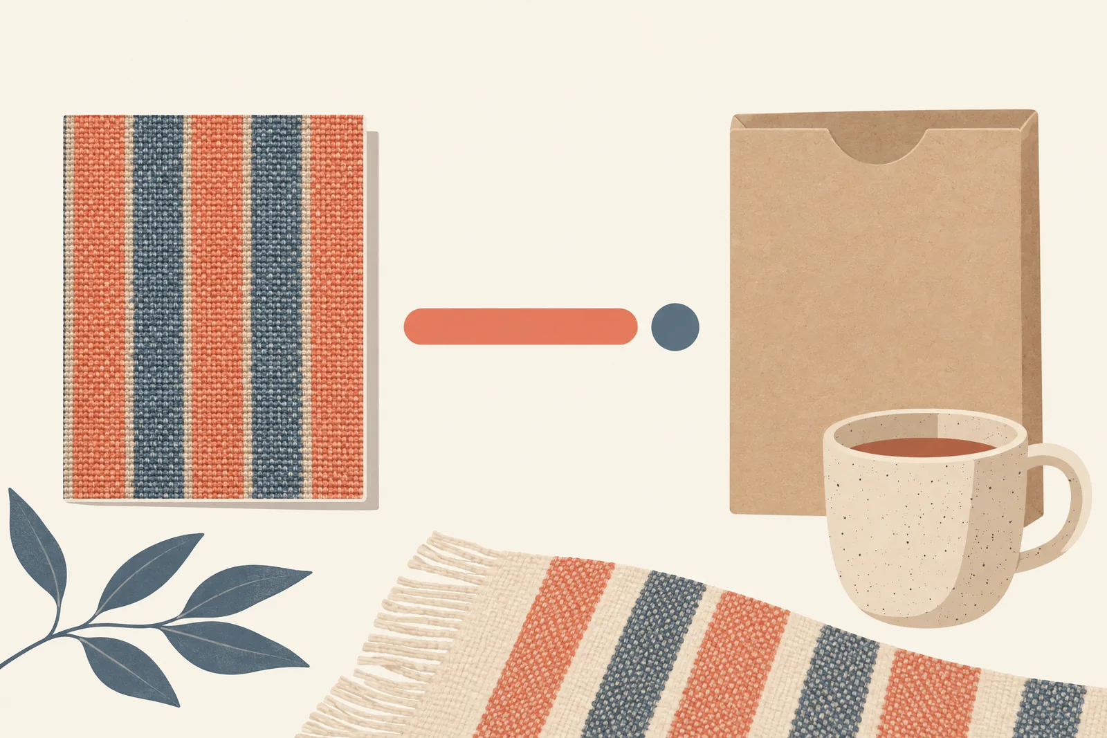 A cafe booth still life of a general product arranged with a flat kraft sleeve, in coral, sand, slate, and cream.