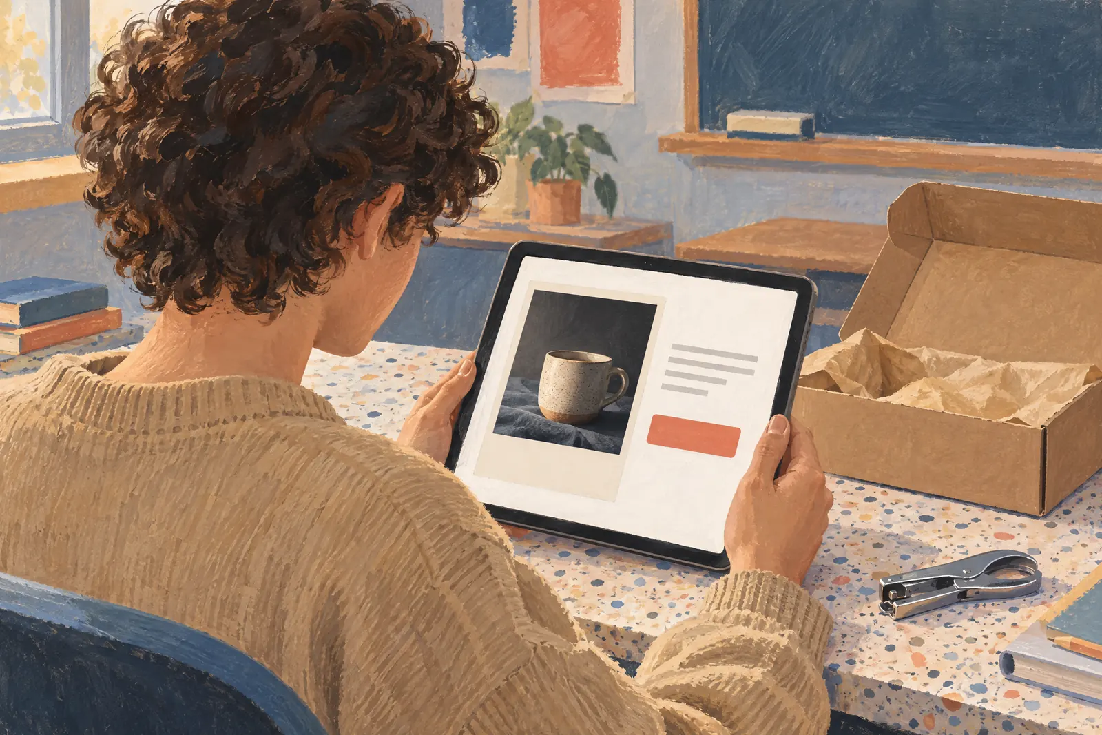 A teenager with curly hair in a sand cardigan at a schoolroom desk looks at a screen showing a delivery product for sale, with a hole punch beside them.