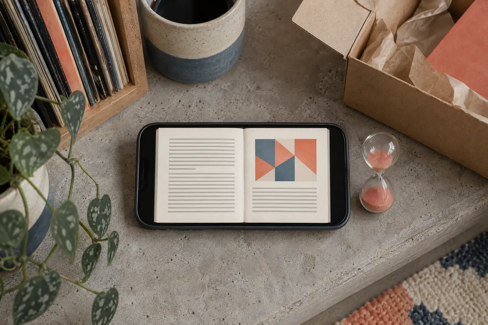 A record nook still life of a delivery product arranged with a small hourglass, in coral, sand, slate, and cream.