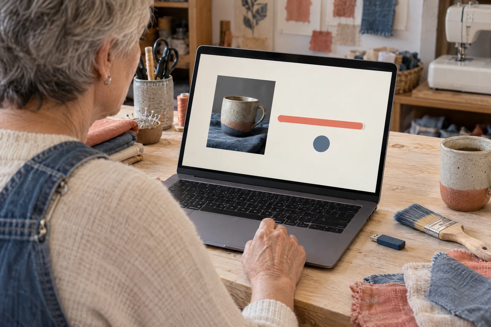 An older woman with cropped gray hair in a denim overalls at a sewing room looks at a screen showing a software product for sale, with a wide paintbrush beside them.
