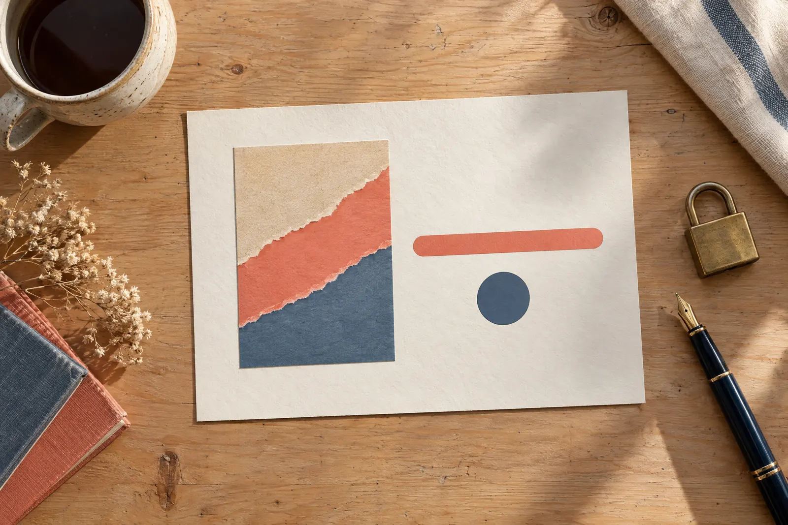 A writing cabin still life of a payment product arranged with a small brass padlock, in coral, sand, slate, and cream.