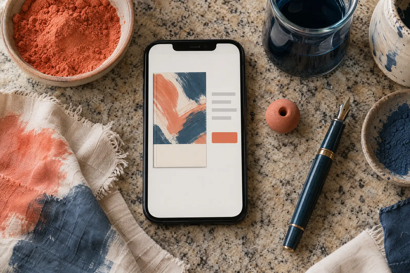 A dye studio still life of a payment product arranged with a clay bead, in coral, sand, slate, and cream.