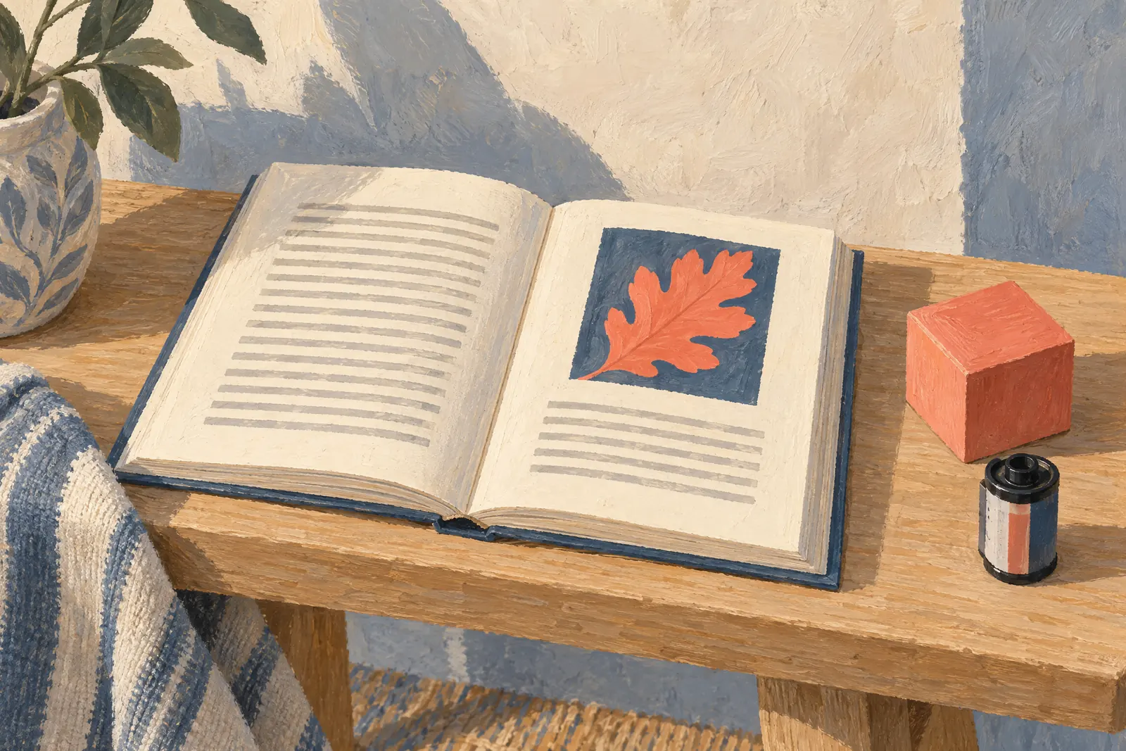 A map room still life of a video product arranged with a coral wooden cube, in coral, sand, slate, and cream.