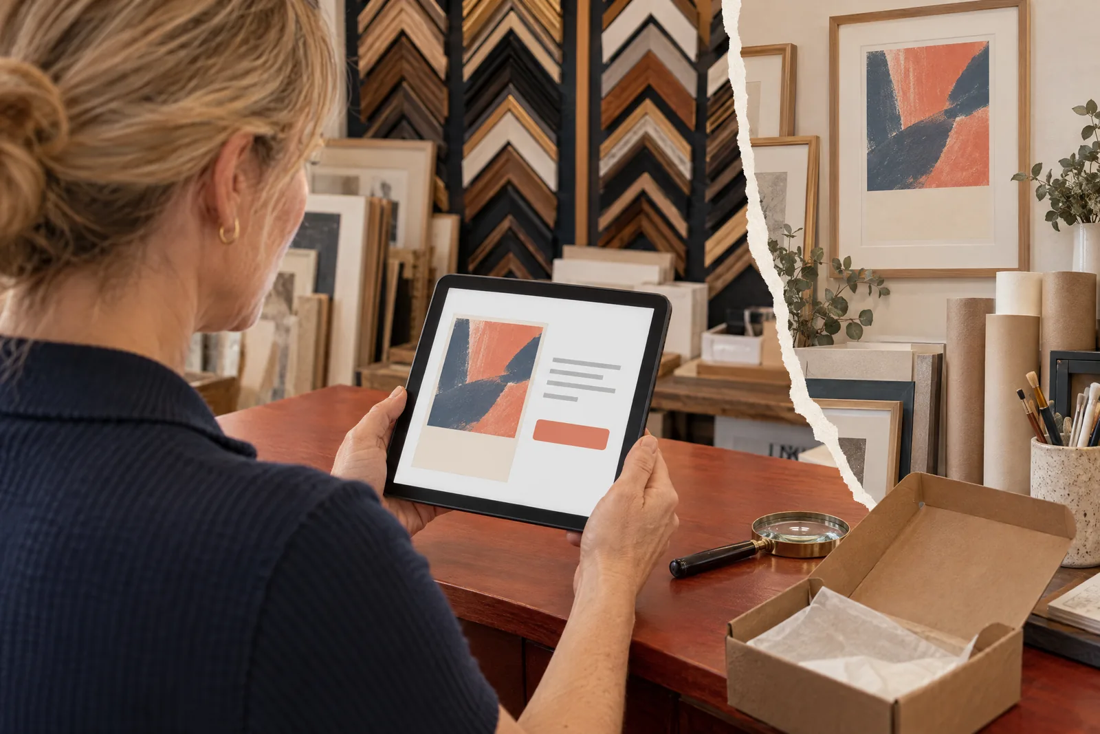 A woman in her forties with blonde hair tied back in a navy knit polo at a frame shop looks at a screen showing a delivery product for sale, with a magnifying glass beside them.
