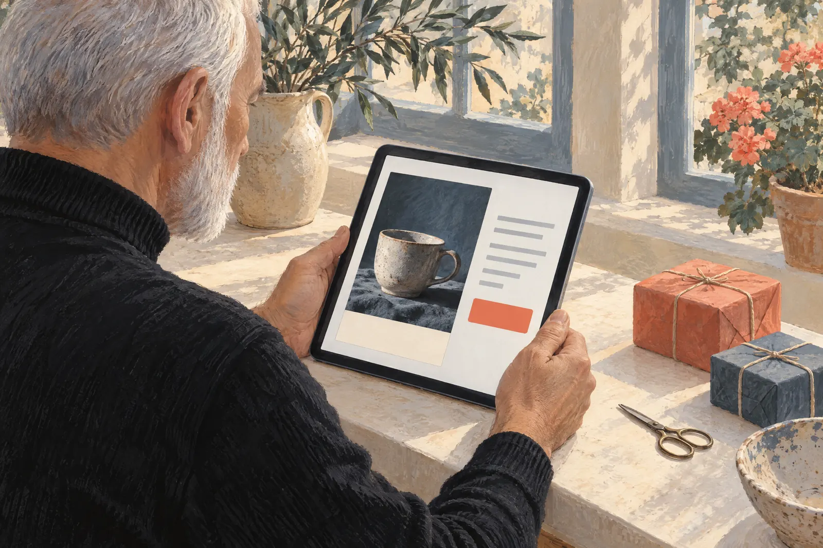 A man in his sixties with a close-cropped white beard in a black turtleneck at a sunroom looks at a screen showing a compare product for sale, with a pair of small scissors beside them.