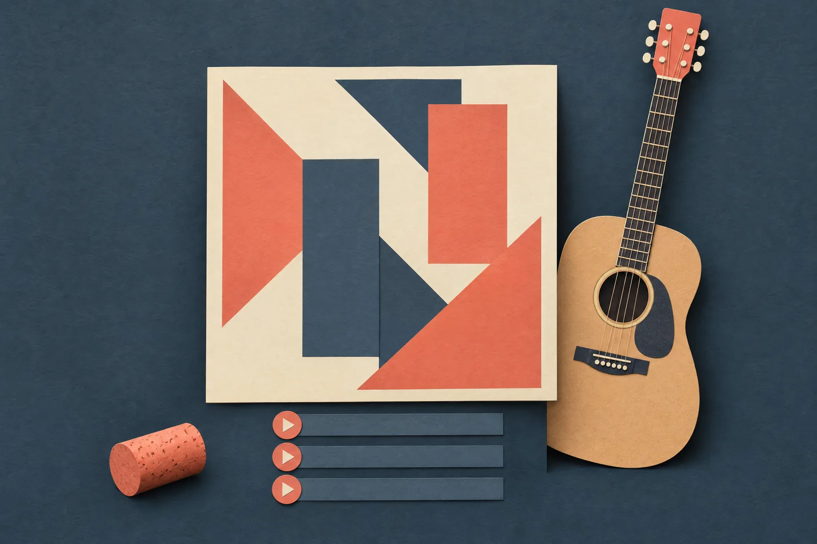 A bedroom alcove still life of a music product arranged with a cork, in coral, sand, slate, and cream.